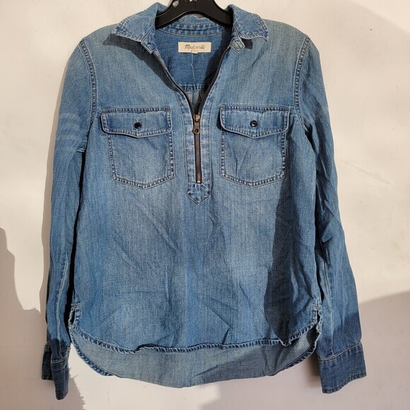 Madewell Zip Front Chambray Blue Denim Popover Long Sleeve Top Size Small - Picture 5 of 14